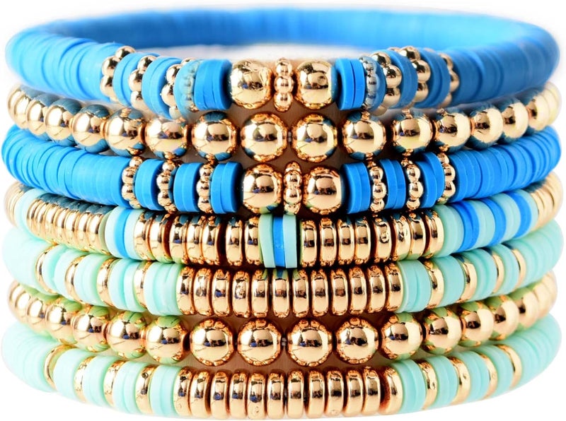 GOOJIDS Surfer Heishi Clay Bead Bracelets for Women Bohemian Stackable Gold Plated Beaded Stretch Bracelets Elastic Layering Friendship Bracelets Set Boho Jewelry - Image 1
